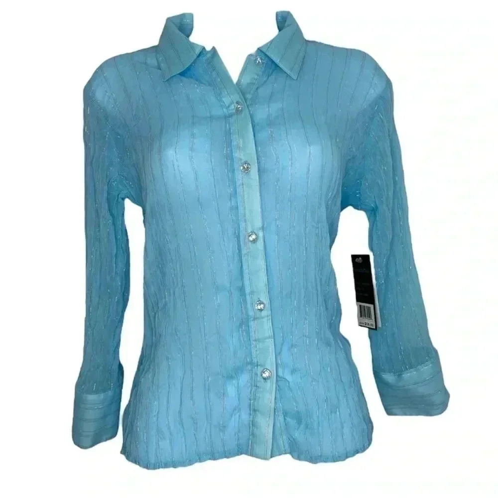 Essential by Milano Blue Crinkle Button Down Shirt